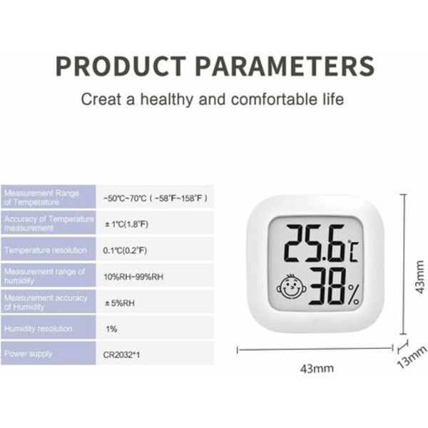 Mini hög precision digital inomhushygrometertermometer, temperaturmonitor och fuktighetsmätare 43*43 mm vit