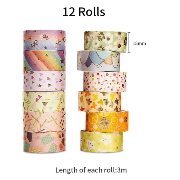 Washi Tape, 12 rullar Washi Tape Set Dekorativ Washi Tape Söt Guldfolie Blomma Dekorativ maskeringstejp för gör-det-självkonst och hantverk, 15 mm X 3 m