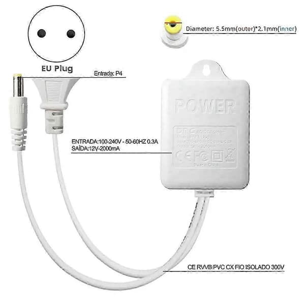 12V 2A Power Adapter for Security Camera, NVR DVR Input AC100V-240V CCTV Camera Power Cable Compatible with PTZ Camera White