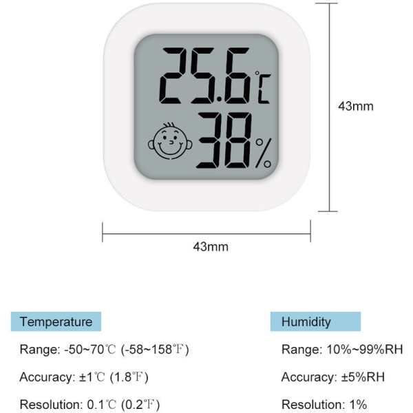 Mini Smiley elektronisk termohygrometer, indendørs, dobbeltklæbende, lille skærm (hvid)
