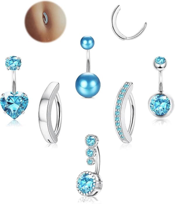 Flytende navlepiercinger Sølv/14K gullbelagte navlepiercinger Kirurgisk rustfritt stål navlepiercinger CZ Clicker navlepiercinger light blue