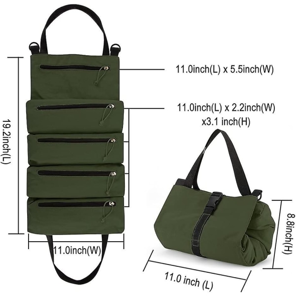 Tool Roll Organizer Bag, Heavy Duty Tool förvaringspåse med 5 dragkedjor för skiftnycklar, hylsor, skruvmejslar och mer (armégrön)