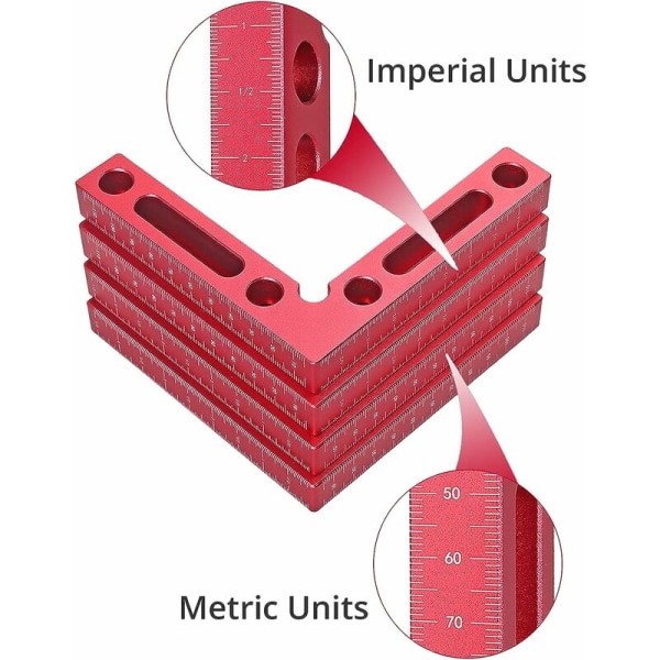 Rättvinklad röd bildramskåplåda med 90° L-formade rätvinkliga klämmor, lämplig för träbearbetningsverktygsrum