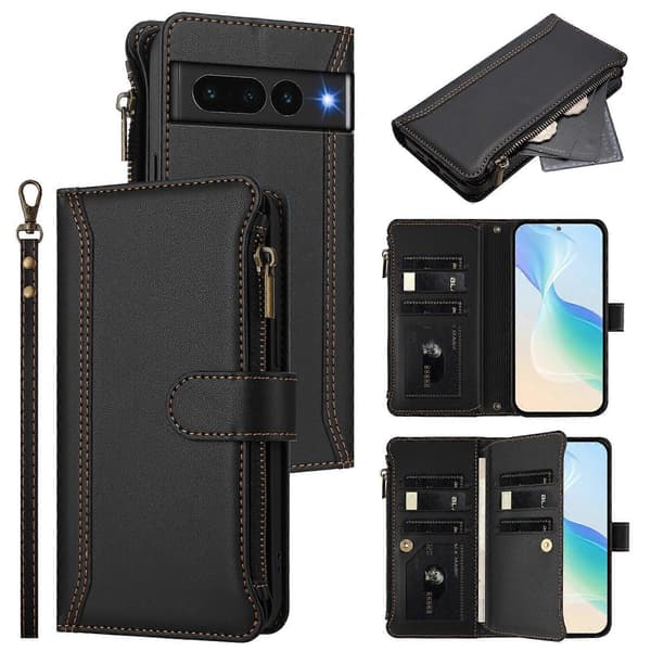 Magnetic Closure 9 Card Slots Zipper Leather Case with Hand Strap Black Black For Google Pixel 7 Pro 5G