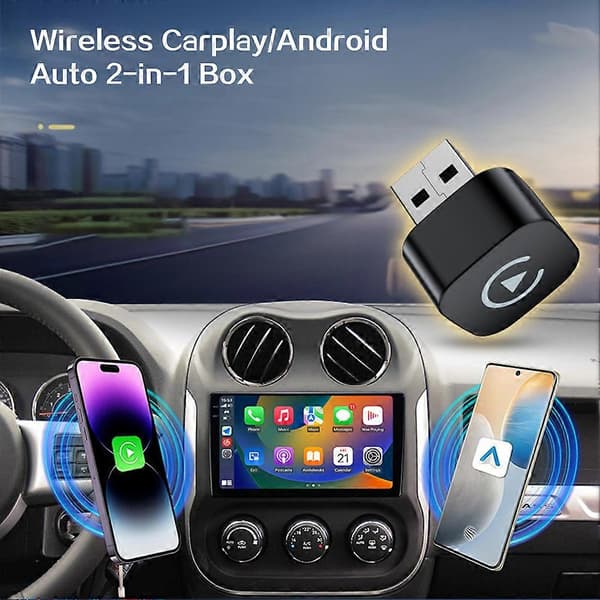 2-i-1 trådløs adapter konverterer kablet til trådløst for CarPlays Androids Auto USB Plug Play Smart stemmekringkasting Black