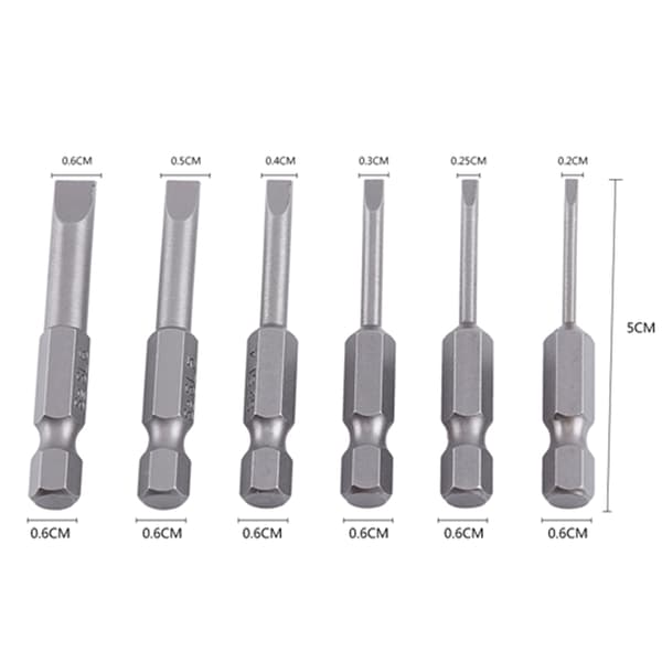 6 stk. S2 Legering Flad Hoved Magnetisk Spids Kærvskruetrækker Bits, 50mm, 2.0-6.0mm, 0.25\" Hex Skaft