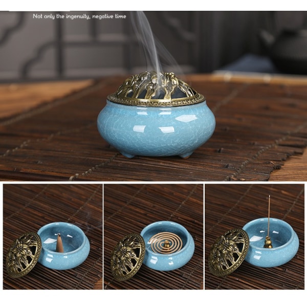 Celadon Røgelsebrænder Keramisk Kobber Låg Antik Røgelse Brænder (Ice Crackle Gemstone Blue)