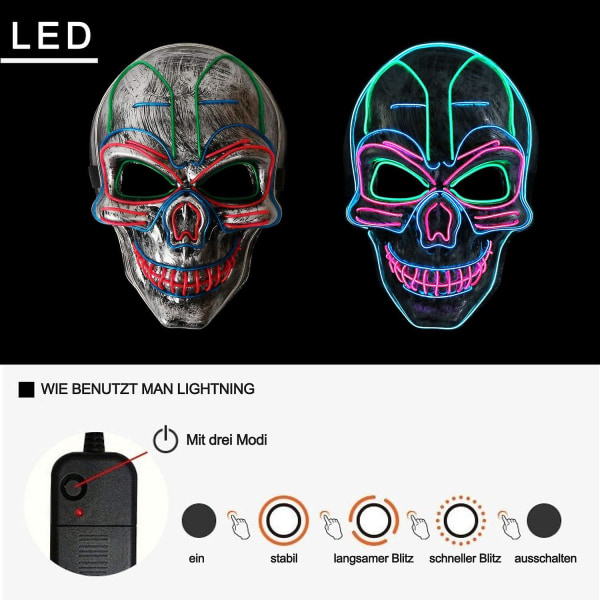 Halloween-maske, LED-maske med 3 blixtlägen skallemask for barn, mænd og kvinder, jul, karneval
