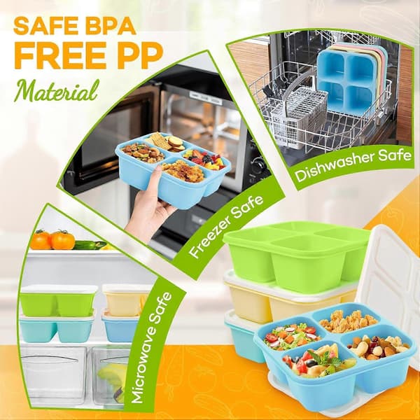 Bento Box Adult Lunch Box - 4-pack, 4-Compartment Snack Containers Reusable Lunch Boxes Stackable BPA-Free Lunch Containers for Home, Work Blue, Green, Yellow, Grass Green