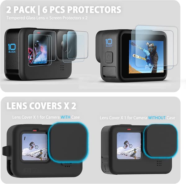 Silicone Case (for Go Pro Hero 12/11/10/9 Black), Lens Cap, Screen Protector and Accessory Kit with Lanyard
