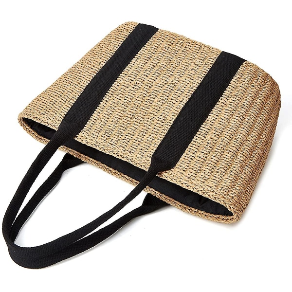 Halmväska dam sommar beach handvävd axel crossbody väska strandväska - dubbel färgmatchning Double color matching