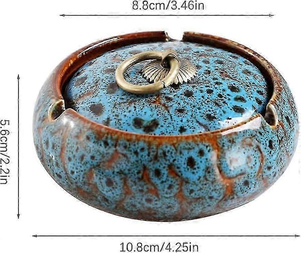 Ashtray with Lid, Windproof Ceramic Ashtray with U-shaped Cigarette Holders, Blue, 10.7*8*6.5 cm, for Indoor and Outdoor Use
