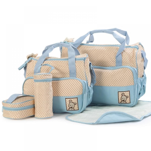 Viisiosainen Mummy Bag vaippalaukku Monitoiminen matka-vedenpitävä muumiolaukku, äitiyslaukut, joissa on suuri kapasiteetti ja useita taskuja A916-01 Light blue