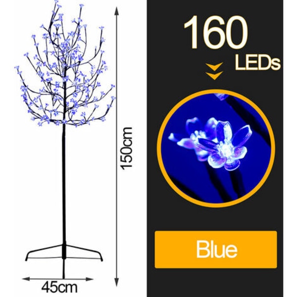 LED lys træ Kirsebærblomst juledekoration Lys træ til udendørs indendørs Stabil metalfod IP44 150cm blå 160 L