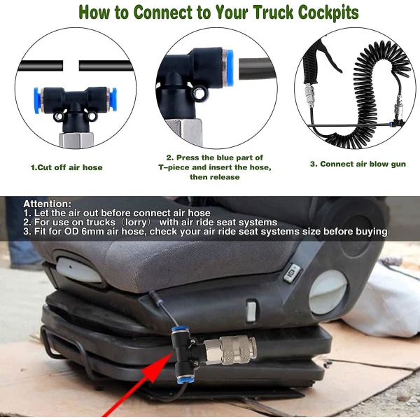 Blæsepistol lastbil pneumatisk blæsepistol med 5 meter spoleslange Luftpistol rensesæt til lastbil med T-stik, sort
