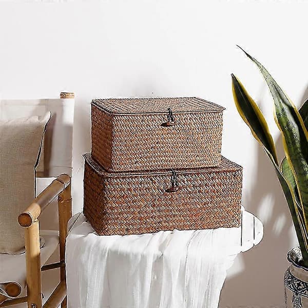 Woven Straw Storage Baskets with Lids - Set of 4 - Rectangular Seagrass Basket/Storage Basket for Shelf Organizer