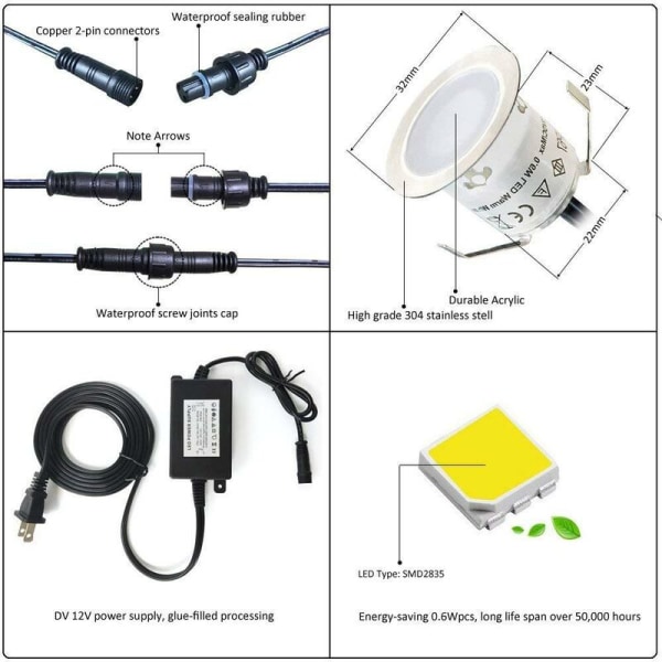 Paket med 10 Utomhus infälld LED-spotlight, IP67 vattentät, varmvitt ljus 3000K, golvlampa 32MM 0,6W DC12V för Pathw