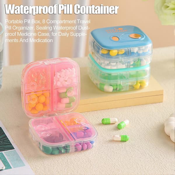 8-Compartment Travel Pill Box - Waterproof Medicine Organizer Red