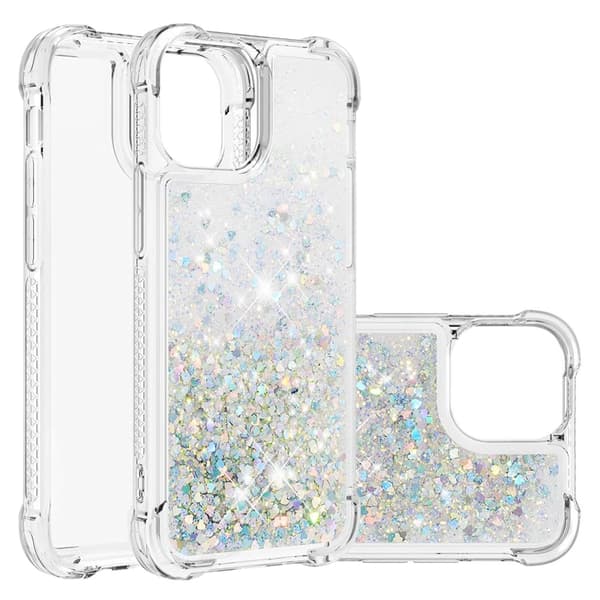iPhone 14 Pro Max Glitterdeksel, Fire Hjørners Fallbeskyttelse, Flytende Silikondeksel med Støtdemping (Sølv)