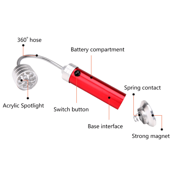 Slang ficklampa 9LED med magneettiböjbar red