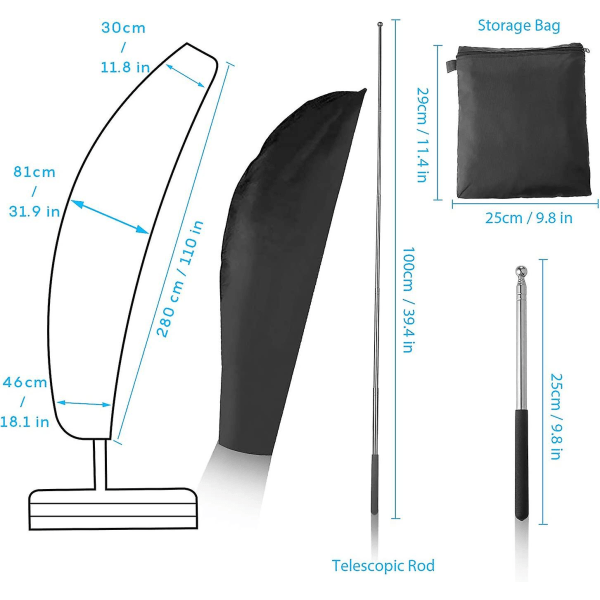 Aurinkovarjon cover, 420d Oxford vedenpitävä pöly-/uv-/ cover, teleskooppitanko ja säilytyspussi ulkopuutarhan aurinkovarjoille, musta