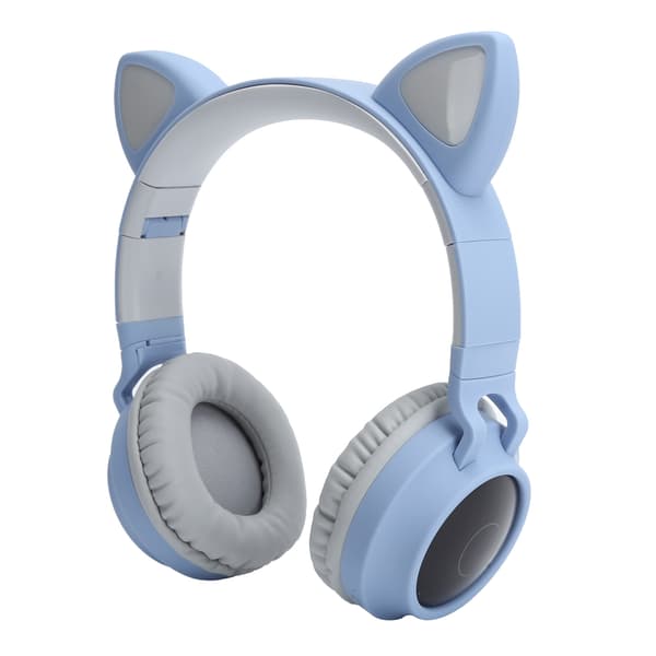 Katteøre Hodetelefon 3D LED-lys Trådløs Bluetooth 5.0 Sammenleggbart Headset med Mikrofon Grå Blå