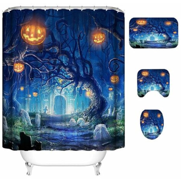 3D Halloween Decor Pumpkin Waterproof Shower Curtain Non-Slip Bath Mat Set Toilet Lid Cover Bathroom Rugs Divider Curtai