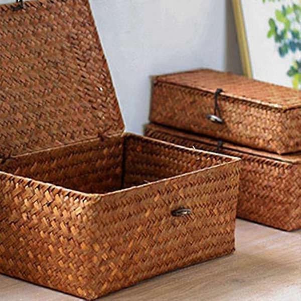 Woven Straw Storage Baskets with Lids - Set of 4 - Rectangular Seagrass Basket/Storage Basket for Shelf Organizer