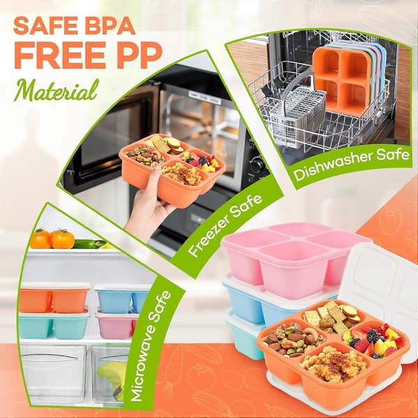 Bento Box Adult Lunch Box - 4-pack, 4-Compartment Snack Containers Reusable Lunch Boxes Stackable BPA-Free Lunch Containers for Home, Work Pink, Orange, Blue, Green