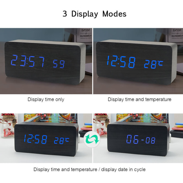 Elektronisk väckarklocka, digital väckarklocka i trä för inställningar och ljudkontroll med röd LED-visning av tid, temperatur, USB -driven digital klocka