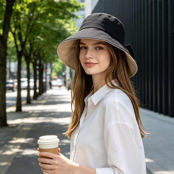Dame sløjfe solhat med bred skygge, let justerbar sommer strandhat Black