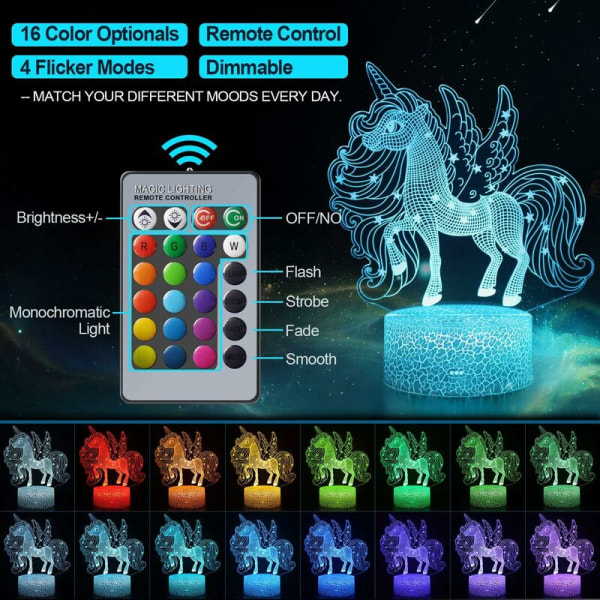 LC-1169 sort baggrund farverig berøring + 16 farver fjernbetjening enhjørning serie 3D natlys berøringsfjernbetjening co