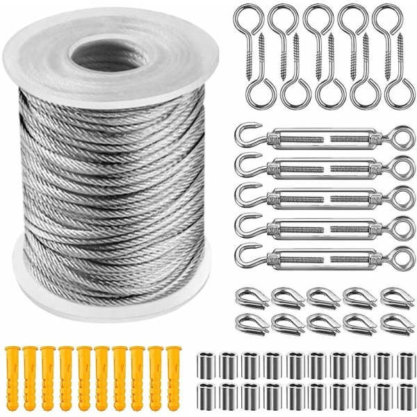 30 m rebsæt rustfrit stålkabel, metalkabel, rustfrit stålkabel med strammer og kroge til hængende lys, Clim