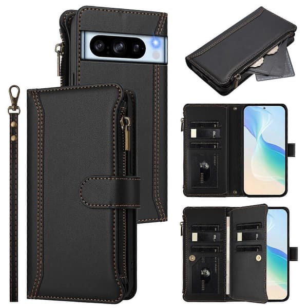 Magnetic Closure 9 Card Slots Zipper Leather Case with Hand Strap Black Black For Google Pixel 8 Pro
