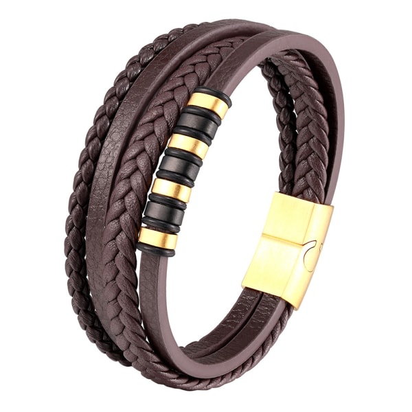 Stilsäkert Högkvalitet Slittåligt Väven Läder Armband 19CM Brun-Guld 19CM
