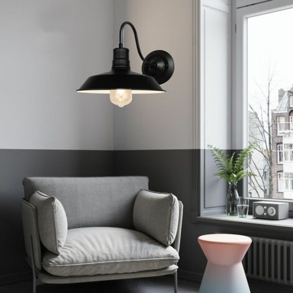 Retro Industriel Væglampe Metalskærm E27 Lampe til Soveværelse Stue Bar Sort og Hvid - Sort