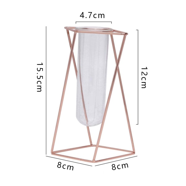 Glasvase med metalstativ, moderne geometrisk skrivebordsglasurtepotte, velegnet til indendørs hydroponiske planter (guld, størrelse S)