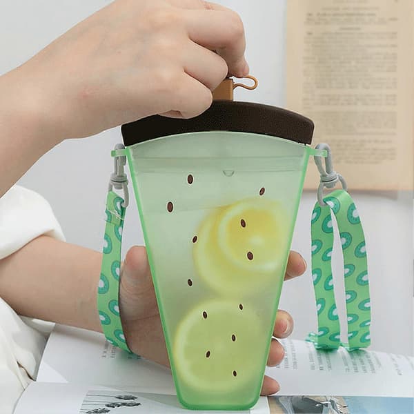 320 ml Large Capacity Water Bottle, Orange, Hanging Strap, Fruit Design, Watermelon, Plastic Strap, Straw, Water Cup for Summer