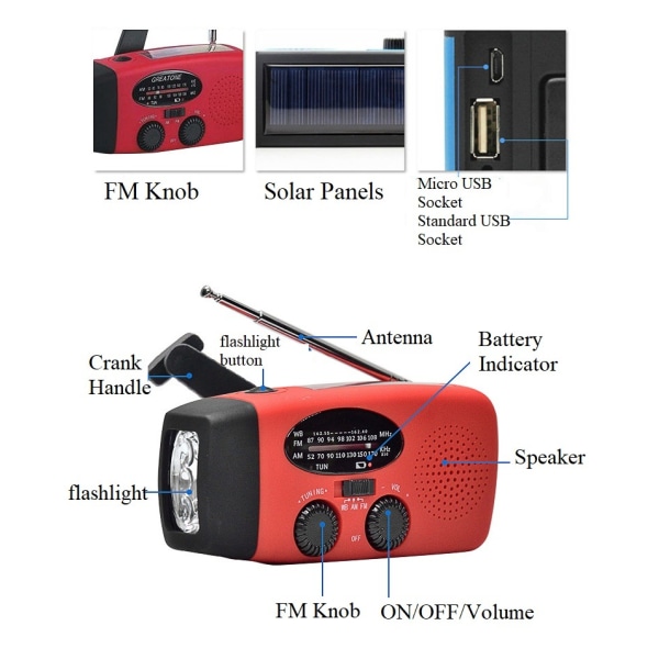 Radio Mini Handvevad solladdad radio med belysningsfunktion (blå AM/FM/NOAA 1000 mah),