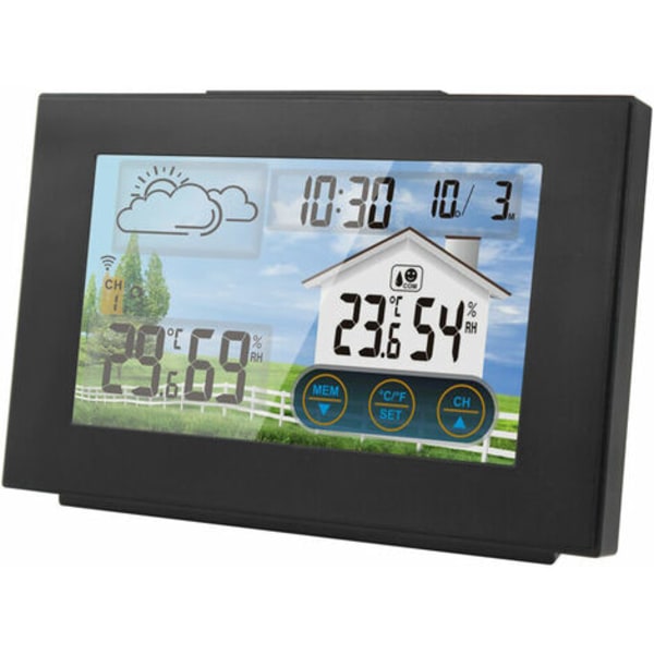 Digital vejrstation med udendørs sensor, trådløst vækkeur, LCD-farveskærm, USB-opladningsport, vækkeur, vi