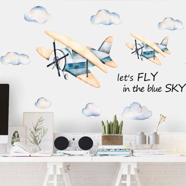 Akvarellflygplan med molnväggklistermärken, väggklistrad Barnkammare Pojkrum Dagis Lekrum Toy Story Klassrum Hom