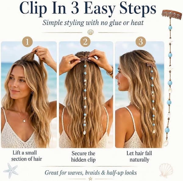 Boho Beachy Mermaid Hair Accent naisille, merenneito-hiuskoriste, meritähti-simpukkahelmi-klipsi, kerrostettu hiusasuste, valtameri-aiheinen