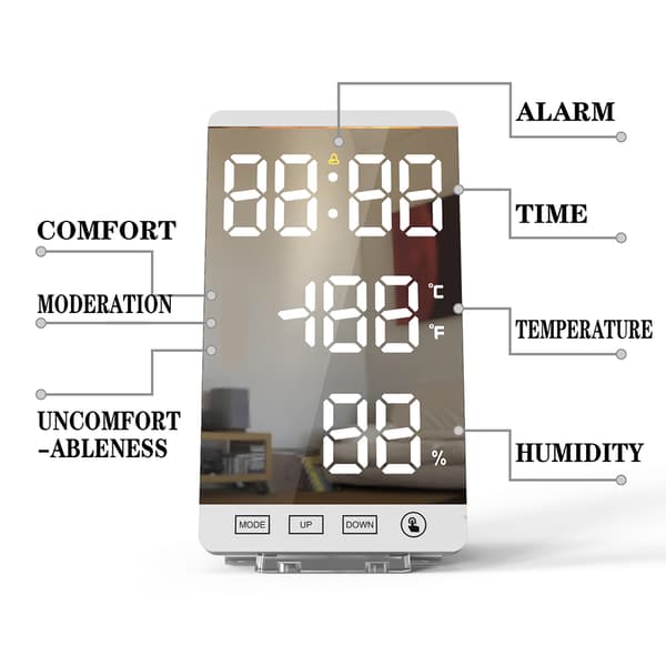LED Spegelklocka Elektronisk Vädermätare Termometer Hygrometer Hushåll