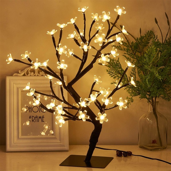 17,9” oplyst körsbärsblomningsträd 48 varma vita lampor Plugga adapter Lys op bonsaiträd for hemmets soveværelse 48 light USB