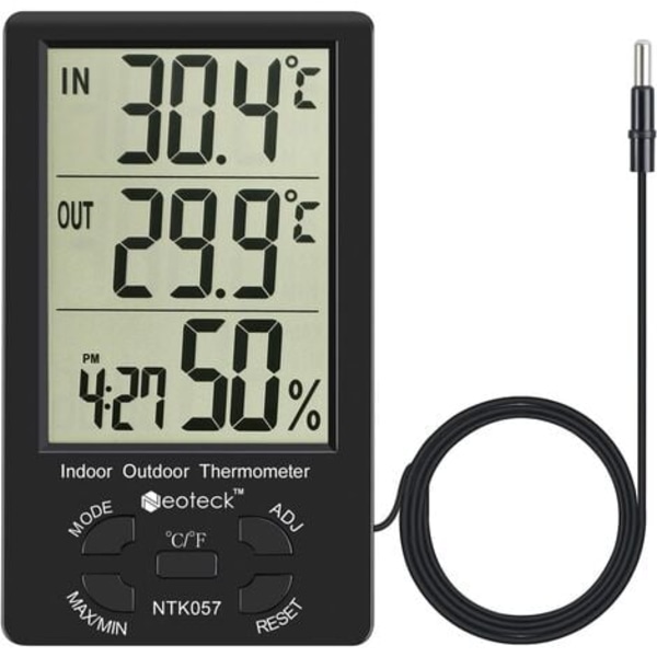 Outdoor/Temperature Humidity Meter Min/Max Value with Alarm Function and 1.5M Sensor Wire for Hotel Hospital Room-Black