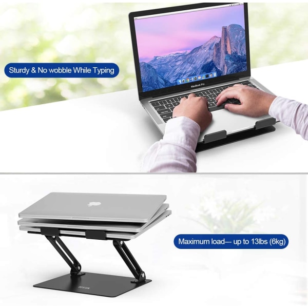 Laptopstativ i aluminium, ergonomisk justerbar bærbar computerstativ til Air, Pro, Dell, HP, Lenovo Mere 10-14 tommer bærbar (sort)