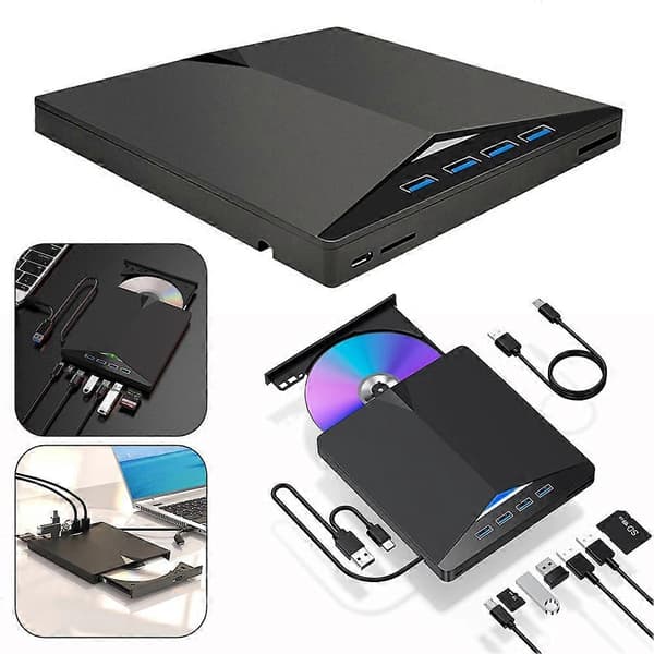 7-i-1 Ultratunn Extern CD DVD-enhet med SD/TF-kortplats för Bärbara Datorer PC Black