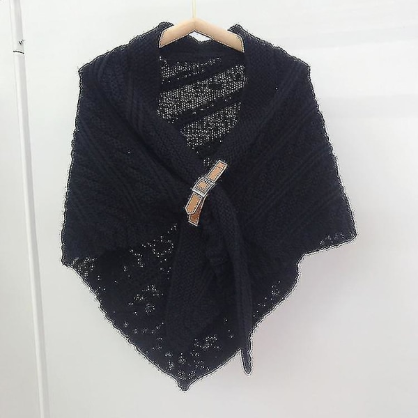 Ensfarvet strikket sjal, litterær doven stil, læderspændekappe Varmt tørklæde vest black