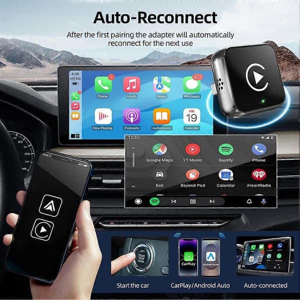 Trådløs CarPlay-adapter - Mini Smart USB-dongle med Plug & Play - Varmeafledning for problemfri forbindelse Black