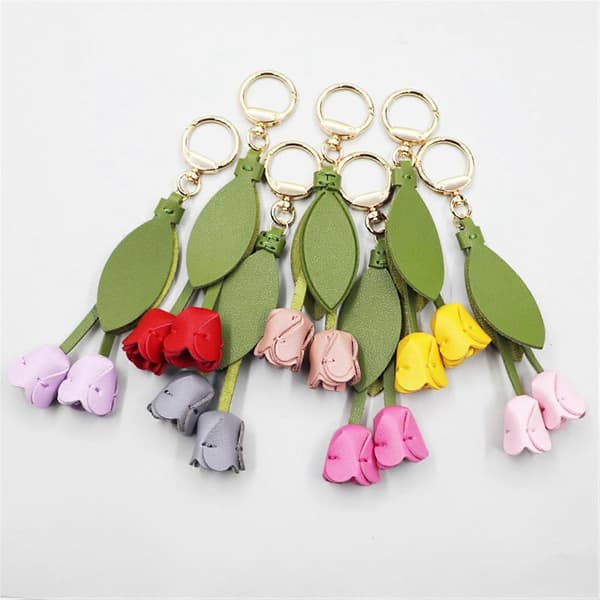 Stilfuld Tulipan Nøglering PU Læder Legering Robust Tilbehør Elegante Blomsterringe Til Tasker Rygsække Pl